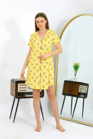 Giyim Kadın Pamuk Penye Kısa Kol Düğmeli Sarı Tunik Gecelik
