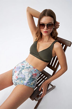 Giyim Kadın Haki Pedli Üst ve Yüksek Bel Çiçek Desenli Bikini Takımı
