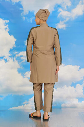 Giyim Kadın Pantolonlu Kolu Şeritli Tam Tesettür Mayo Bej