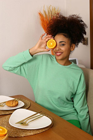 Giyim Kadın Uzun Kol 3 İplik Penye Pijama Takım Yeşil