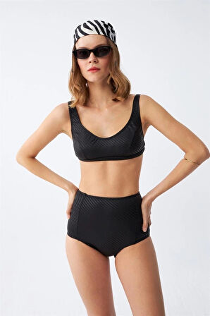 Giyim Kadın Basic Siyah Pedli Yüksek Bel Bikini Takımı