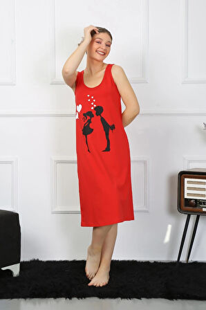 Giyim Kadın Kalın Askılı Penye Uzun Kırmızı Gecelik