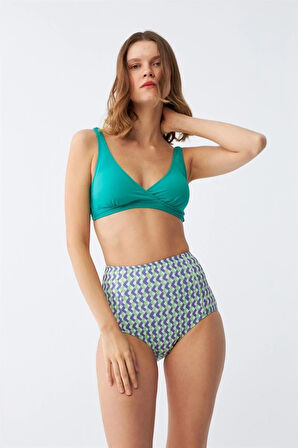 Giyim Kadın Yeşil Pedli Geometrik Desenli Yüksek Bel Bikini Takımı