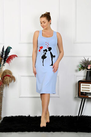 Giyim Kadın Kalın Askılı Penye Uzun Mavi Gecelik