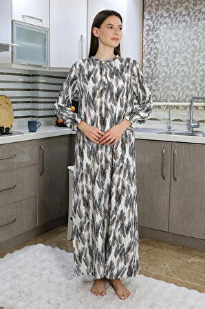 Giyim Kadın Uzun Kol Penye Gecelik Ev Elbisesi Ekru