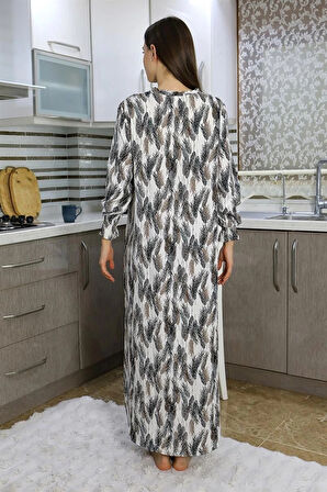 Giyim Kadın Uzun Kol Penye Gecelik Ev Elbisesi Ekru