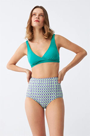 Giyim Kadın Yeşil Pedli Geometrik Desenli Yüksek Bel Bikini Takımı