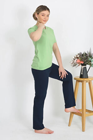 Giyim Kadın Kısa Kol Pamuk Penye Pijama Takım Fıstık Yeşili