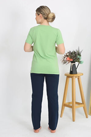 Giyim Kadın Kısa Kol Pamuk Penye Pijama Takım Fıstık Yeşili