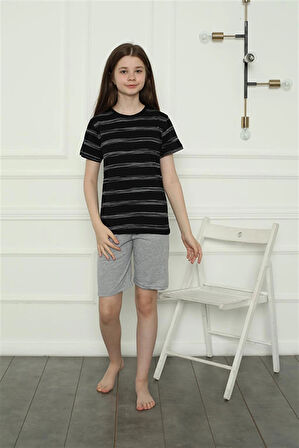 Giyim Kız Çocuk Penye Şortlu Pijama Takım Siyah