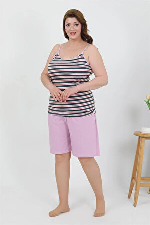 Giyim Kadın Büyük Beden İp Askılı Penye Şortlu Takım Lila