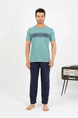 Giyim Erkek Pamuk Kısa Kol Pijama Takım SuYeşili