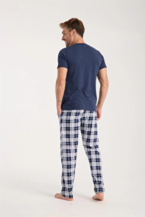 Giyim Erkek Lacivert Düğmeli Yaka Kısa Kol Pijama Takımı