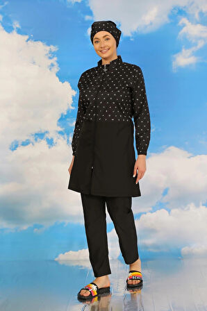 Giyim Kadın Pantolonlu Desenli Tam Tesettür Mayo Siyah