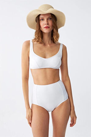 Giyim Kadın Basic Beyaz Pedli Yüksek Bel Bikini Takımı
