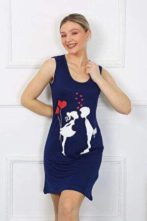 Giyim Kadın Kalın Askılı Penye Diz Üstü Lacivert Gecelik