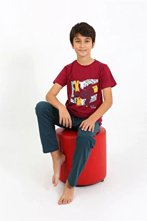 Giyim Erkek Çocuk Kısa Kol Penye Pijama Takım Bordo