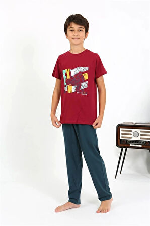 Giyim Erkek Çocuk Kısa Kol Penye Pijama Takım Bordo