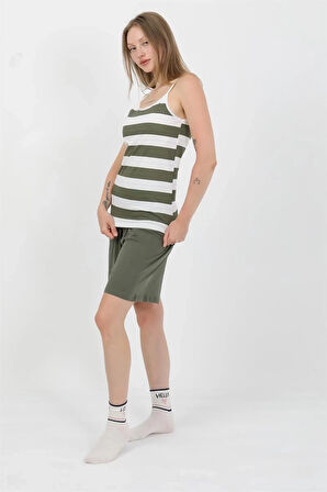 Giyim Kadın İp Askılı Pamuk Penye Şortlu Takım Haki