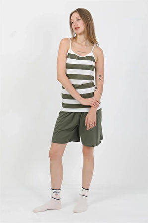 Giyim Kadın İp Askılı Pamuk Penye Şortlu Takım Haki