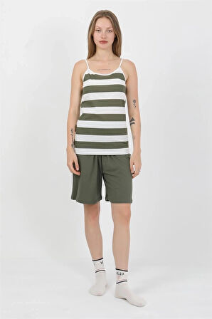 Giyim Kadın İp Askılı Pamuk Penye Şortlu Takım Haki