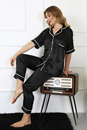 Giyim Kadın Büyük Beden Siyah Saten Pijama Takımı