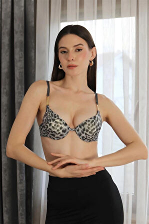 Giyim Kadın Destekli Balenli Desenli Sütyen Gri