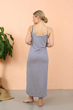 Giyim Kadın İp Askılı Yırtmaçlı Uzun Mavi Gecelik