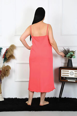 Giyim Kadın Büyük Beden İp Askılı Pamuklu Somon Uzun Gecelik