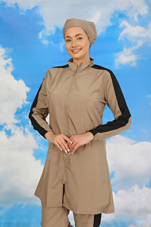 Giyim Kadın Pantolonlu Kolu Şeritli Tam Tesettür Mayo Bej