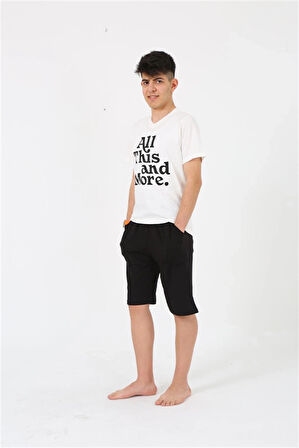 Giyim Erkek Genç Garson Boy Kısa Kol Ekru Penye Şortlu Pijama Takımı