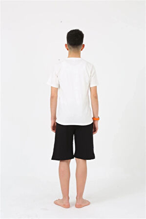 Giyim Erkek Genç Garson Boy Kısa Kol Ekru Penye Şortlu Pijama Takımı