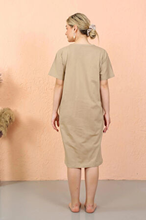 Giyim Kadın Kısa Kol Diz Altı Over Size Vizon Ev Elbisesi - Geceliği