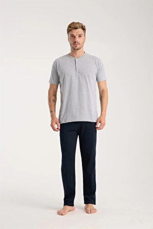 Giyim Erkek Gri Düğmeli Yaka Kısa Kol Pijama Takımı