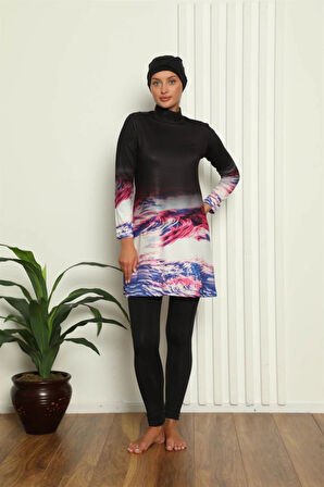 Giyim Tam Tesettür Dijital Desenli Mayo Siyah