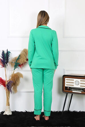 Giyim Kadın Pamuk Penye Önden Düğmeli Uzun Kol Yeşil Pijama Takım