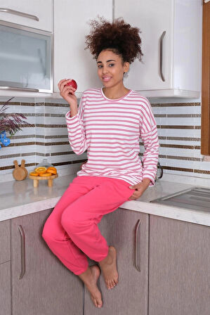 Giyim Kadın Uzun Kol 3 İplik Penye Pijama Takım Beyaz