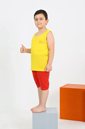 Giyim Erkek Çocuk Sıfır Kol Şortlu Sarı Penye Pijama Takımı