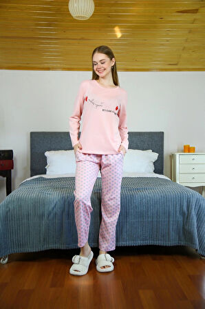 Giyim Kadın Penye Uzun Kol Pijama Takım Somon