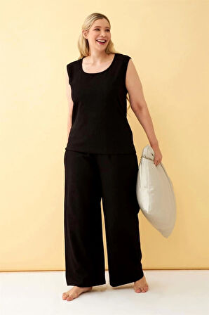 Giyim Kadın Siyah Keten Jakarlı Büyük Beden Alt Üst Takım