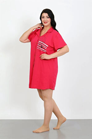 Giyim Büyük Beden Penye Düğmeli Fuşya Tunik Gecelik