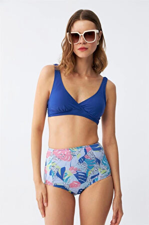 Giyim Kadın Pedli Yaprak Desenli Yüksek Bel Sax Bikini Takımı