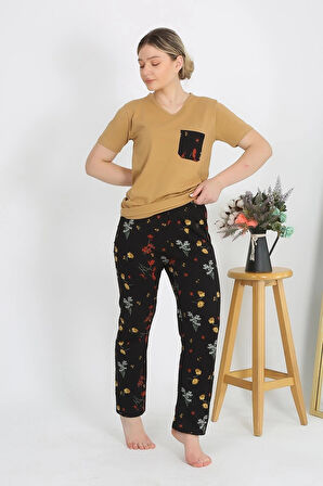 Giyim Kadın Kısa Kol Pamuk Penye Pijama Takım Hardal