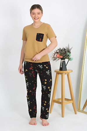 Giyim Kadın Kısa Kol Pamuk Penye Pijama Takım Hardal