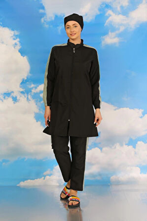 Giyim Kadın Pantolonlu Kolu Şeritli Tam Tesettür Mayo Siyah