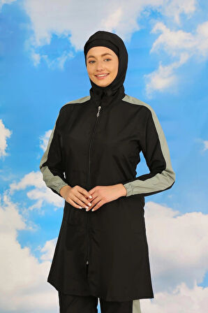 Giyim Kadın Pantolonlu Kolu Şeritli Tam Tesettür Mayo Siyah