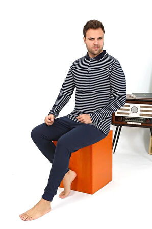 Giyim Erkek Polo Yaka Uzun Kol Penye Pijama Takımı Lacivert