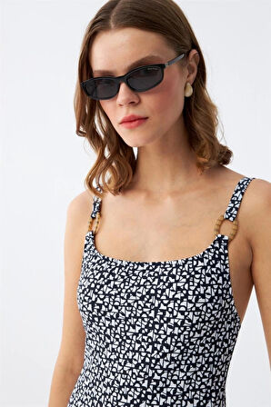 Giyim Kadın Lacivert Geometrik Desenli Aksesuar Askılı Tek Parça Mayo