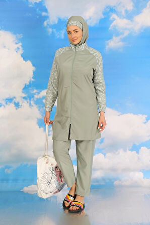 Giyim Kadın Pantolonlu Desenli Tam Tesettür Mayo Su Yeşili