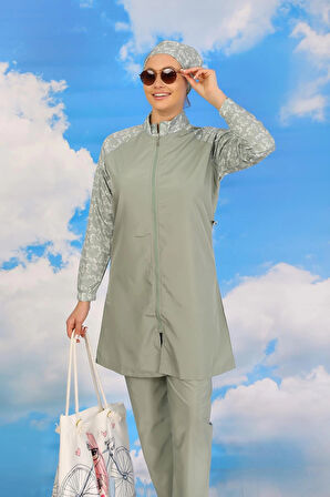 Giyim Kadın Pantolonlu Desenli Tam Tesettür Mayo Su Yeşili